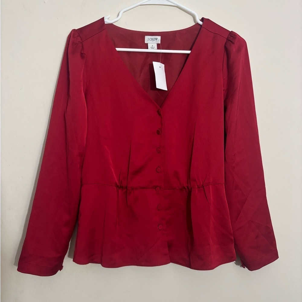 J Crew Long-Sleeve Peplum Top in Satin-Crepe Red Women's 2 - Picture 1 of 15